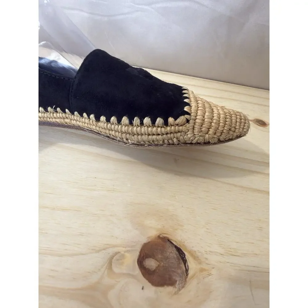 Tory Burch Arianne Espadrilles Black Suede Raffia Logo Flats Women's Size 8M